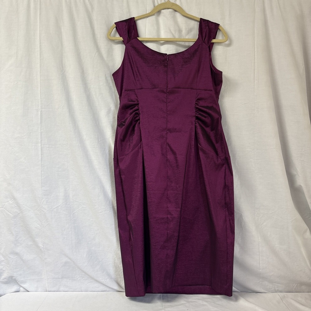 London Times Sleeveless Bodycon Dress Women Sz 14 Magenta Satin Rose Ruffle Neck - Picture 5 of 16